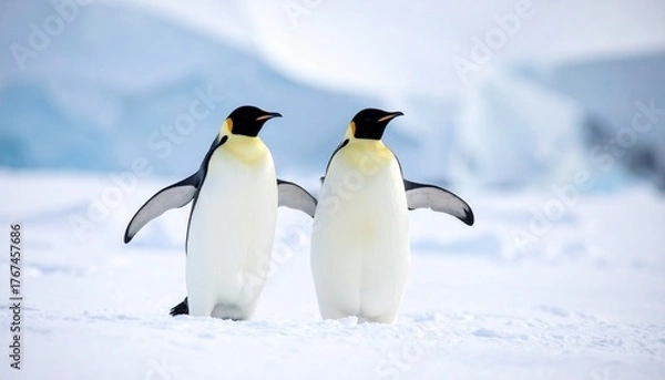 Fototapeta Two emperor penguins standing together on snow in Antarctica