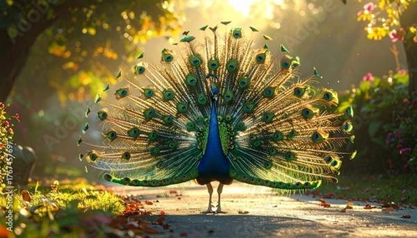 Fototapeta Majestic peacock displaying colorful feathers in morning sunlight at beautiful garden