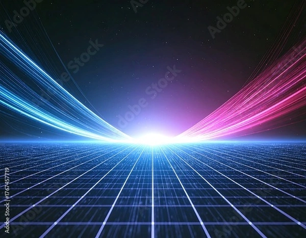 Fototapeta A stunning synthwave/retrowave abstract background featuring a neon-pink and blue grid floor, speed lines, and a bright central light, evoking an 80s futuristic or cyberpunk aesthetic.