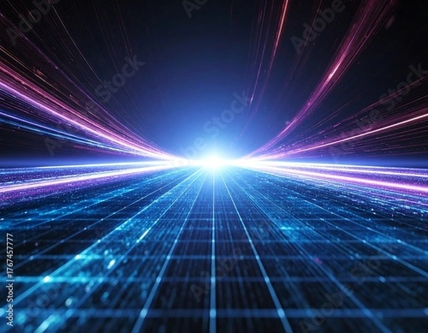 Fototapeta A stunning synthwave/retrowave abstract background featuring a neon-pink and blue grid floor, speed lines, and a bright central light, evoking an 80s futuristic or cyberpunk aesthetic.