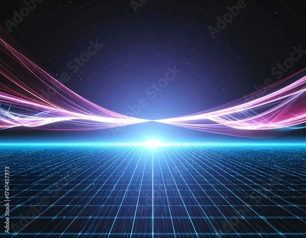 Fototapeta A stunning synthwave/retrowave abstract background featuring a neon-pink and blue grid floor, speed lines, and a bright central light, evoking an 80s futuristic or cyberpunk aesthetic.