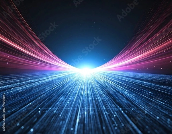 Fototapeta A stunning synthwave/retrowave abstract background featuring a neon-pink and blue grid floor, speed lines, and a bright central light, evoking an 80s futuristic or cyberpunk aesthetic.