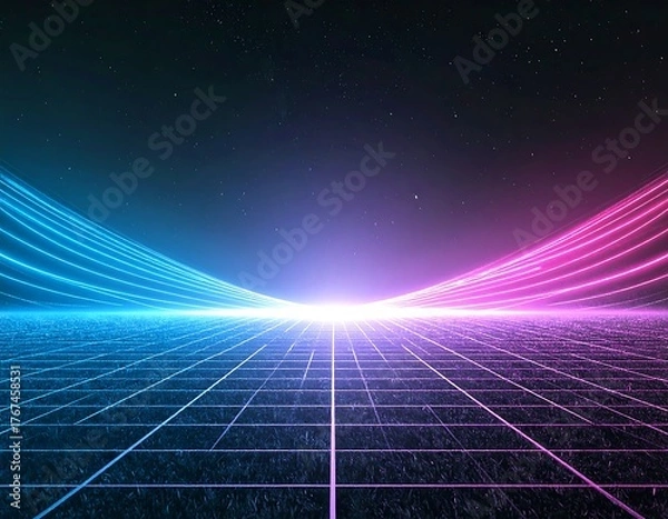 Fototapeta A stunning synthwave/retrowave abstract background featuring a neon-pink and blue grid floor, speed lines, and a bright central light, evoking an 80s futuristic or cyberpunk aesthetic.