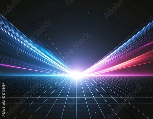 Fototapeta A stunning synthwave/retrowave abstract background featuring a neon-pink and blue grid floor, speed lines, and a bright central light, evoking an 80s futuristic or cyberpunk aesthetic.