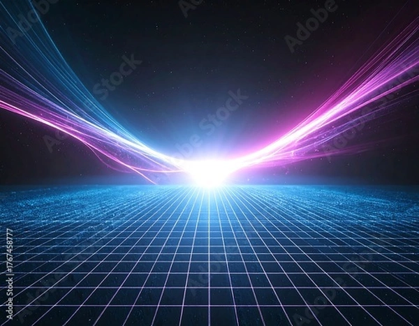Fototapeta A stunning synthwave/retrowave abstract background featuring a neon-pink and blue grid floor, speed lines, and a bright central light, evoking an 80s futuristic or cyberpunk aesthetic.