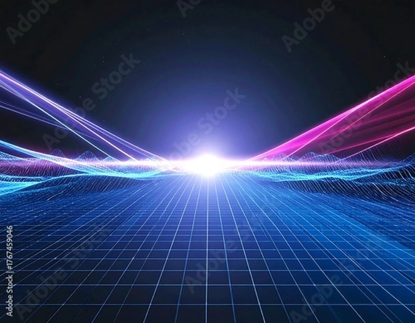 Fototapeta A stunning synthwave/retrowave abstract background featuring a neon-pink and blue grid floor, speed lines, and a bright central light, evoking an 80s futuristic or cyberpunk aesthetic.