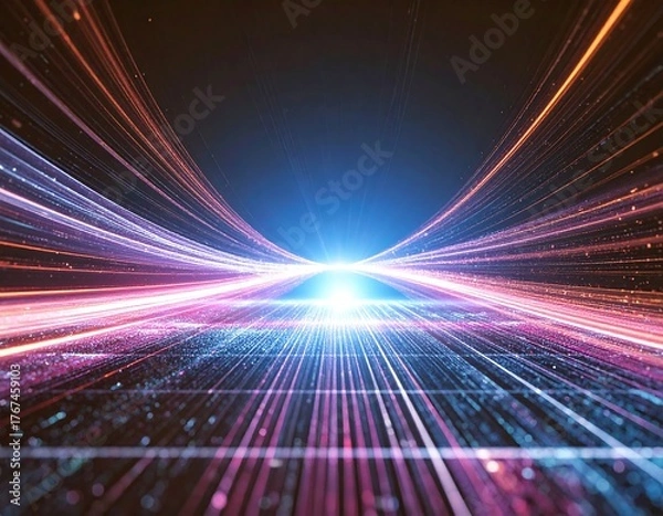 Fototapeta A stunning synthwave/retrowave abstract background featuring a neon-pink and blue grid floor, speed lines, and a bright central light, evoking an 80s futuristic or cyberpunk aesthetic.