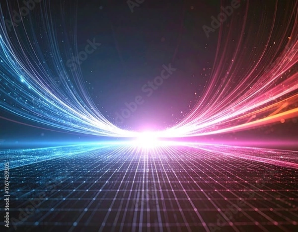 Fototapeta A stunning synthwave/retrowave abstract background featuring a neon-pink and blue grid floor, speed lines, and a bright central light, evoking an 80s futuristic or cyberpunk aesthetic.