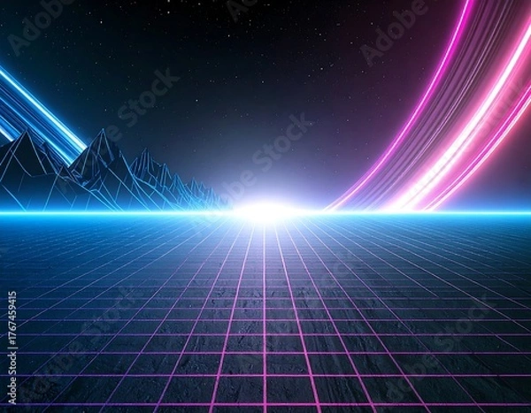 Fototapeta A stunning synthwave/retrowave abstract background featuring a neon-pink and blue grid floor, speed lines, and a bright central light, evoking an 80s futuristic or cyberpunk aesthetic.