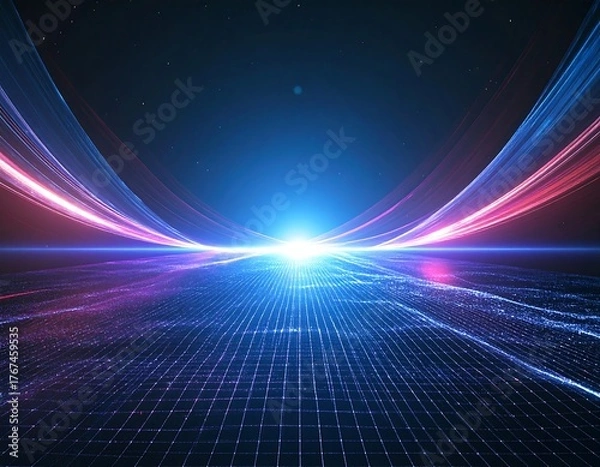 Fototapeta A stunning synthwave/retrowave abstract background featuring a neon-pink and blue grid floor, speed lines, and a bright central light, evoking an 80s futuristic or cyberpunk aesthetic.
