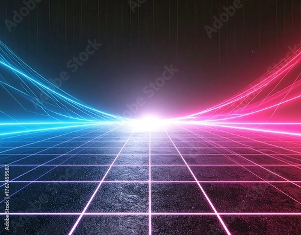Fototapeta A stunning synthwave/retrowave abstract background featuring a neon-pink and blue grid floor, speed lines, and a bright central light, evoking an 80s futuristic or cyberpunk aesthetic.