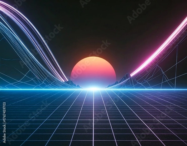 Fototapeta A stunning synthwave/retrowave abstract background featuring a neon-pink and blue grid floor, speed lines, and a bright central light, evoking an 80s futuristic or cyberpunk aesthetic.