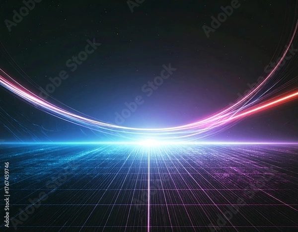 Fototapeta A stunning synthwave/retrowave abstract background featuring a neon-pink and blue grid floor, speed lines, and a bright central light, evoking an 80s futuristic or cyberpunk aesthetic.