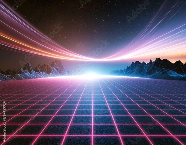 Fototapeta A stunning synthwave/retrowave abstract background featuring a neon-pink and blue grid floor, speed lines, and a bright central light, evoking an 80s futuristic or cyberpunk aesthetic.
