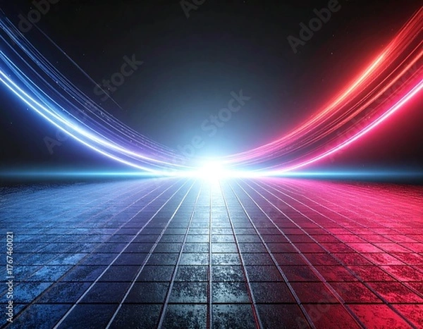 Fototapeta A stunning synthwave/retrowave abstract background featuring a neon-pink and blue grid floor, speed lines, and a bright central light, evoking an 80s futuristic or cyberpunk aesthetic.