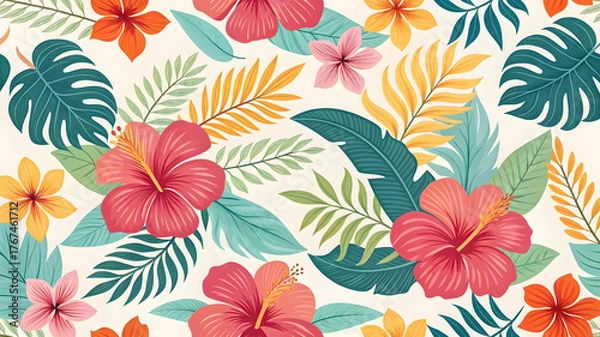 Obraz Colorful seamless tropical pattern with pink hibiscus flowers, teal monstera leaves, and yellow palm fronds