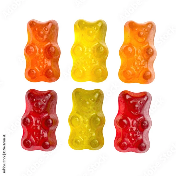 Fototapeta Six colorful gummy bear candies, orange, yellow, and red, in a grid on a black background