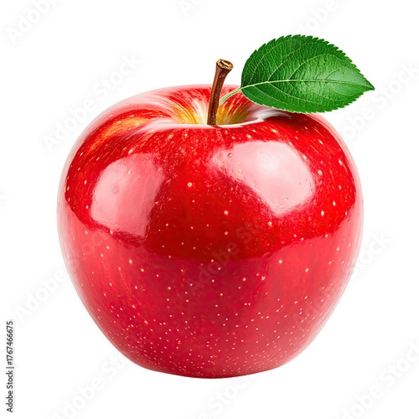 Fototapeta A vibrant red apple with a glossy skin, stem, and a single green leaf against black