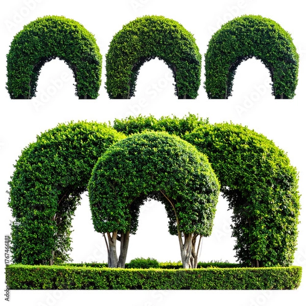 Fototapeta Image shows meticulously sculpted, verdant archways, some with foliage and others isolated