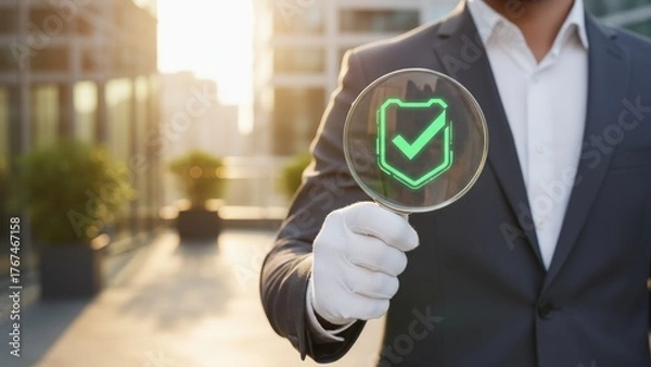 Fototapeta A businessman inspecting a digital checkmark shows trust and detail in iso certification audit meeting concept and iso certification and quality management