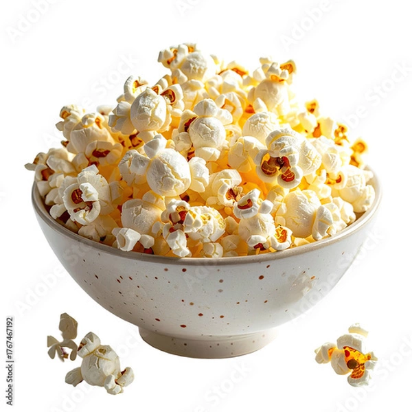 Fototapeta A full speckled bowl of fluffy popcorn with some scattered pieces, on a black background