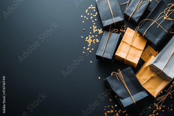 Obraz Black Friday flat lay scene with elegant black and gold elements