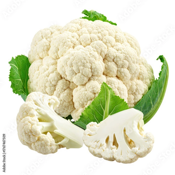 Fototapeta A whole cauliflower with cut pieces and green leaves on a transparent background