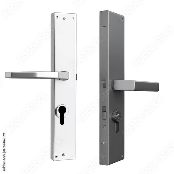 Fototapeta Two door handles, one polished silver, the other matte grey, set against a black backdrop