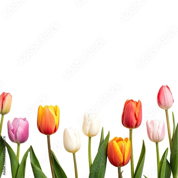 Fototapeta A row of colorful tulips in various hues against a stark black background (1)