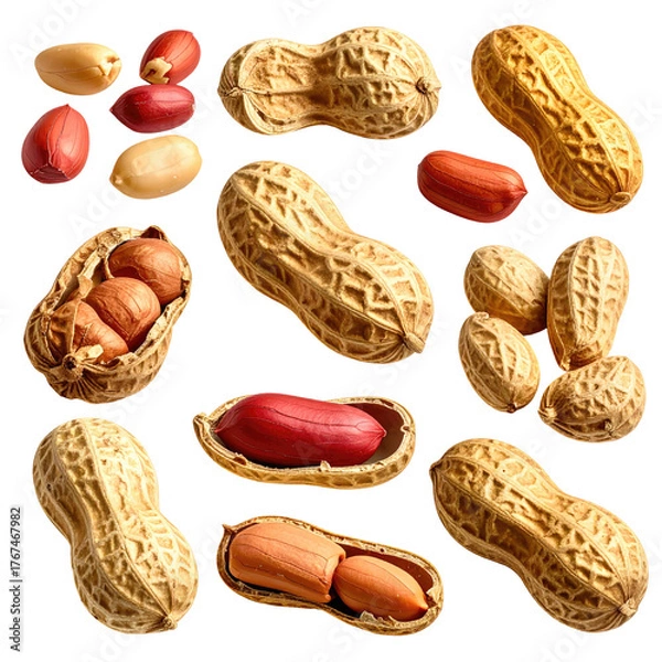 Fototapeta Close-up of several peanuts, in their shells and shelled, showcasing various textures