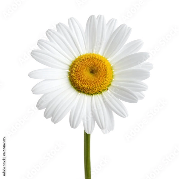 Fototapeta A vibrant, close-up view of a daisy with white petals and a yellow center, on a green stem