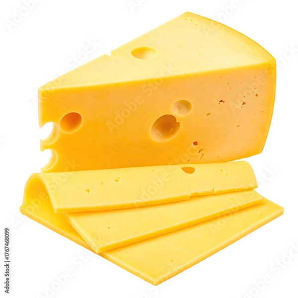 Fototapeta Triangular cheese chunk atop sliced cheese, bright yellow, isolated, high angle view