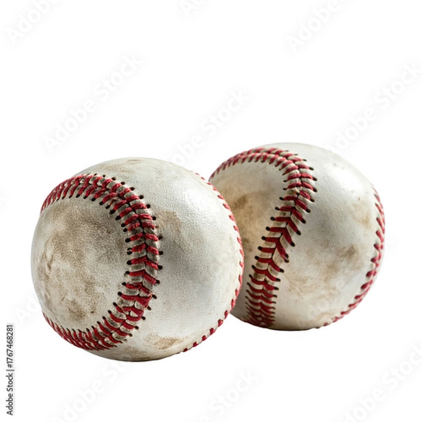 Fototapeta Two well-used, off-white baseballs with red stitching, slightly dirty, isolated on black