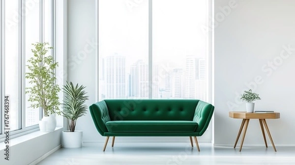 Fototapeta sofa. Elegant green sofa in a minimalist living space, blending natural light and simple decor for modern comfort. real-estate listings.