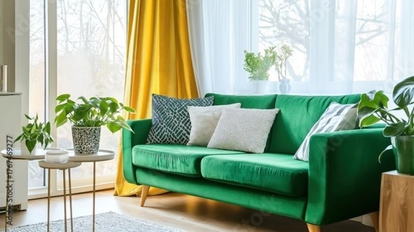 Fototapeta sofa. Elegant green sofa in a minimalist living space, blending natural light and simple decor for modern comfort. real-estate listings.