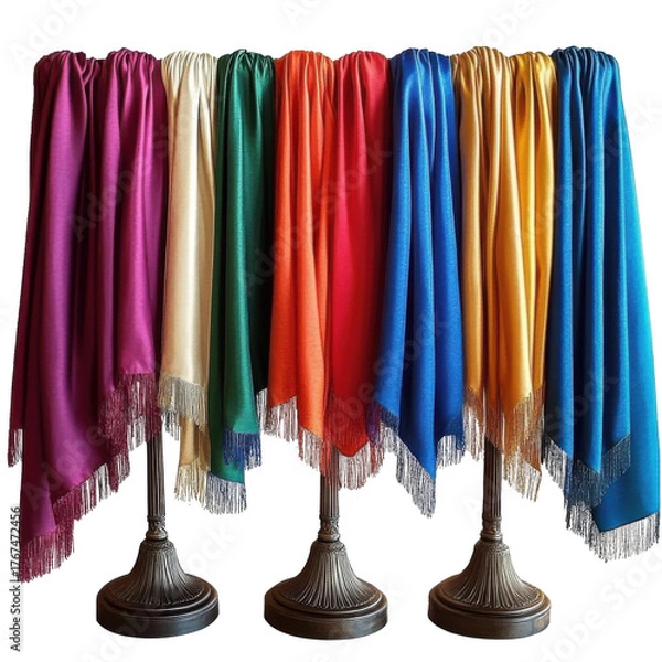 Obraz colorful shawls on display stands on white background.