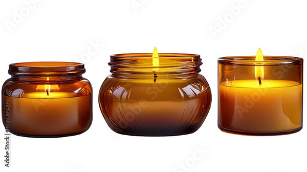Obraz three burning candles in glass jars on white background.