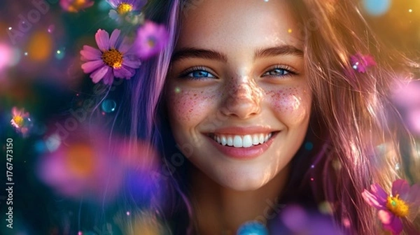 Fototapeta vibrant smiling young woman with colorful flowers and dreamy bokeh background