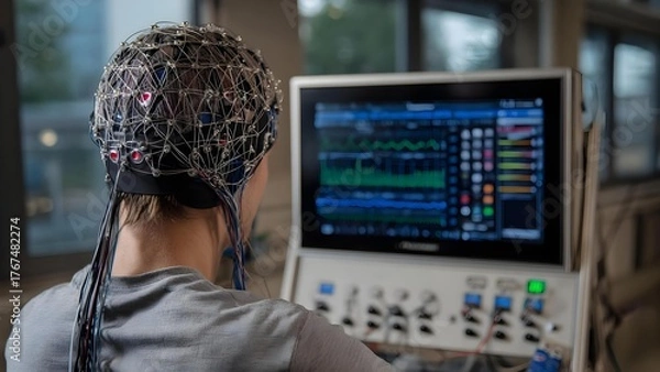 Obraz Person wearing an EEG cap with numerous wired electrodes, collecting brain activity data shown on a monitor. Concept EEG cap with wired electrodes, Brain activity data on monitor