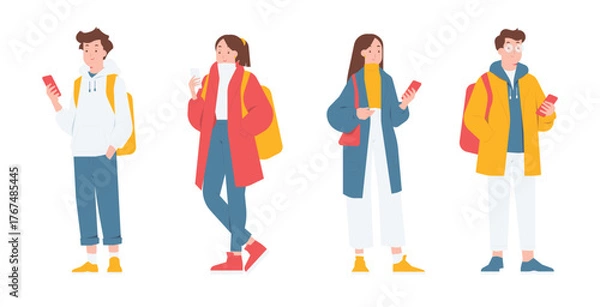 Fototapeta Student standing with smartphones, wearing casual clothing and backpacks, education, communication, and social media set concept illustration