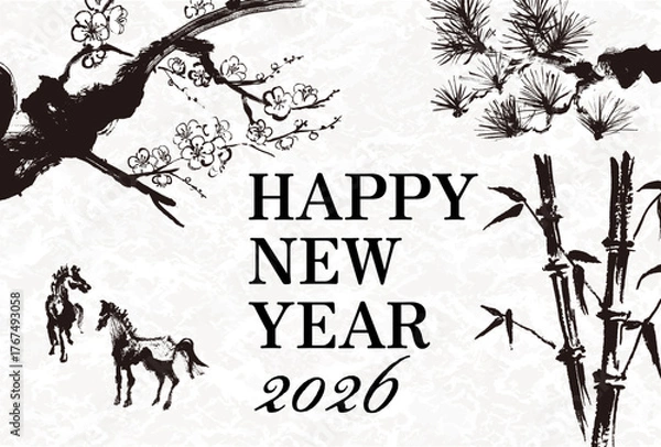 Obraz 2026年　午年　年賀状用はがきテンプレート　干支の馬の筆手書きイラスト