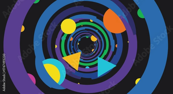 Obraz Colorful spiral tunnel with geometric shapes floating in space.