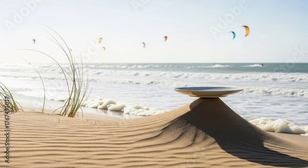 Fototapeta Abstract composition with plate on sand dune by ocean and kiteboarders
