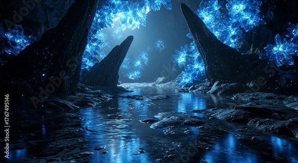 Fototapeta Abstract crystal cave with water reflection fantasy concept