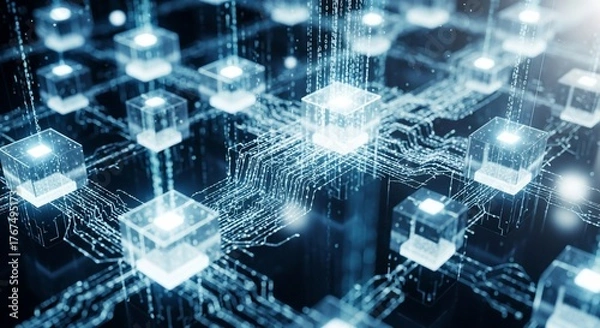 Fototapeta Abstract data network visualization with glowing cubes and connecting lines