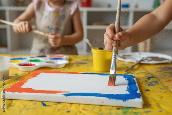 Fototapeta Children painting canvas with bright colors in art class activity