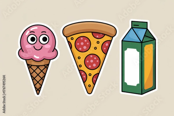 Obraz Cute cartoon stickers featuring ice cream cone pizza slice and juice box on beige background