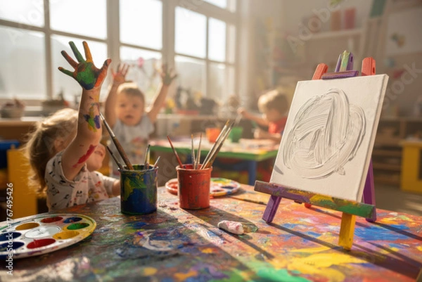 Fototapeta Children enjoying creative art activities in vibrant classroom setting