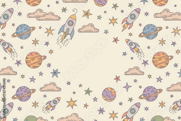 Fototapeta Whimsical space pattern with rockets, planets, and stars in pastel colors