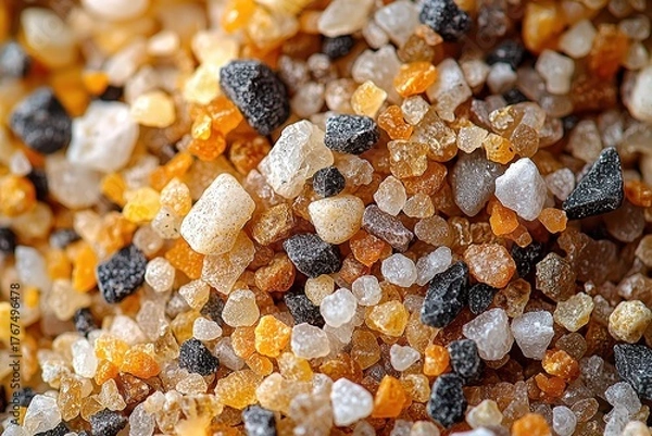 Fototapeta Colorful macro closeup of mixed sand grains featuring black, white, and amber quartz crystals in natural abstract texture